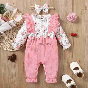 Macacão bebê menina moda macacão bonito padrão floral manga longa arco bodysuit primavera outono macacão para menina infantil 0-18 meses l231114