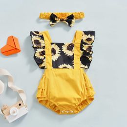 Barboteuses bébé fille vêtements d'été bébé combinaison à volants manches mouche tournesol imprimé patchwork barboteuse avec arc bandeau J220922