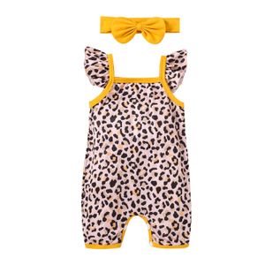 Rompers Baby Girls 2 -delige zomeroutfits Baby mode ruches mouwloze band luipaardprint romper jumpsuit hoofdband set J220922