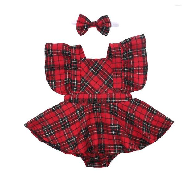 Barboteuses Bébé Filles Vêtements De Noël Ensemble Rouge À Carreaux Manches Volants Tutu Barboteuse Robe Arc Bandeau Infantile 2 Pièces Tenues De Princesse 0-24M