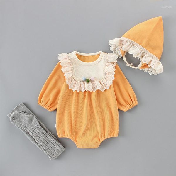 Barboteuse pour bébés filles, vêtements d'automne, body à manches longues, chapeau en dentelle, Leggings, 3 pièces/ensemble, jaune mignon, 0-2 ans