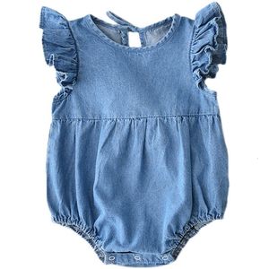 Rompers babymeisjes mode denim hoodie zomer kanten mouw hoodie zacht bodysuit baby zomer kleding 230505