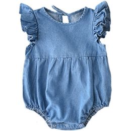 Barboteuses bébé filles mode denim barboteuse été dentelle manches barboteuse combinaison douce infantile vêtements d'été 230522