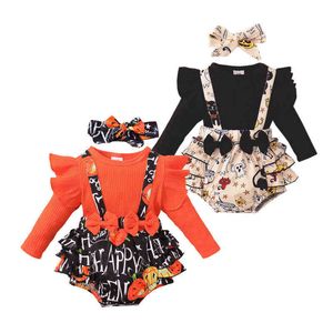 Mamelucos Bebés Niñas Ropa de mameluco de Halloween Falso Patchwork de dos piezas Jarretl Mangas largas Patrón de dibujos animados Imprimir mono con diadema J220922