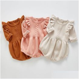 Rompers Baby Girls Tricoted BodySuit Spring Infant Born Long Manche Long Solid Ruffled Jumps Turning Set Automne Clothing Drop Livrot K Dhqvl