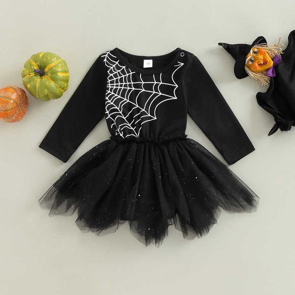 Barboteuses Bébé filles maille barboteuse robe douce décontractée Halloween toile d'araignée imprimée manches longues combinaisons nouveau-né mignon bébé vêtements J220922