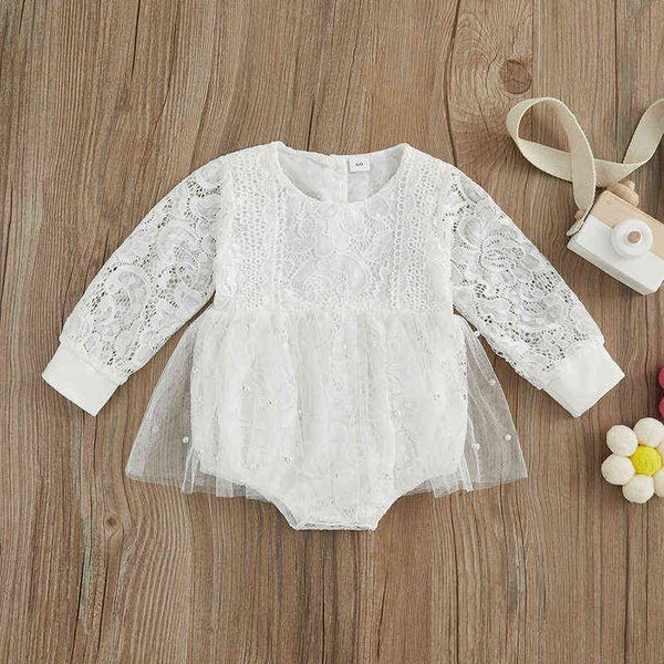 Rompers Baby Girls Mesh Rober Robe Sweet Casual Flowers Lace Lace Pearl Long Manborn Jumps Curchs Jumps Migne Baby Girl Clothes J220922