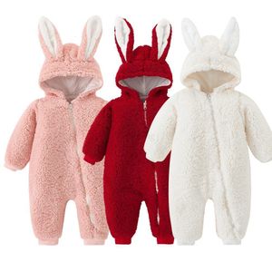 Rompers Baby Girls Rabbit Rompers voor 0-12m Winter Fleece Babi Girl-kleding Babykleding Geboren Bunny Ear Kostuum Winter Baby Jumpsuits 230311