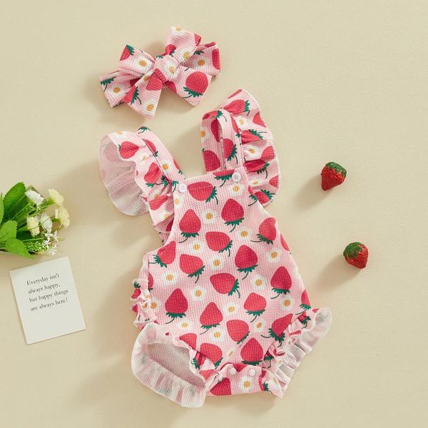 Rompers Baby Girls Bodys Raiper Bodys and Bandband Strawberry / Flower / Cherry Print Sleve Frills Infant Jumps Suit Summer Vêtements