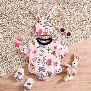 Rompers Baby Girls Rompers Easter Egg Carrot Rabbit Print Korte mouw peuter Bodysuits Zomer Paaskleding jumpsuits met hoed H240508