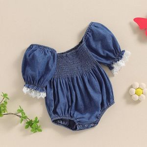 Rompers Baby Girls Summer Denim Romper bleu Bleu à manches bouffantes