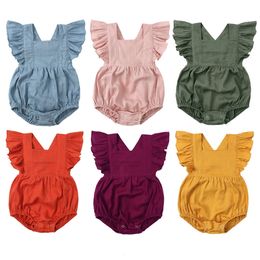 Barboteuses Bébé filles tenues d'été barboteuse solide lin volants sans manches vêtements pour bébés pour 0-24M enfant en bas âge né combinaisons body 231005