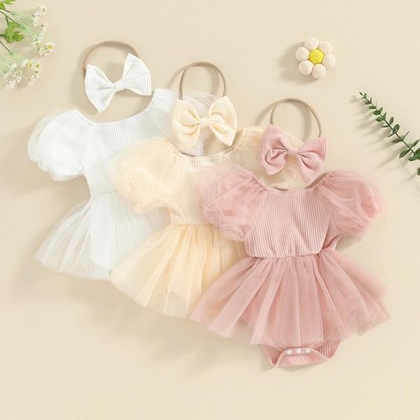 Mamelucos Bebé Niñas Verano Mameluco Vestido Manga Corta Puff Tul Patchwork Con Diadema