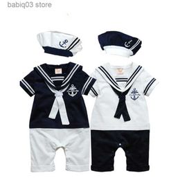 Rompers Baby Navy Romper Summer Newborn Kids Boys Girls Sailor Jumpsuit Hat 2pcs Body Korte Mouw Anchor Gedrukt pak T230529