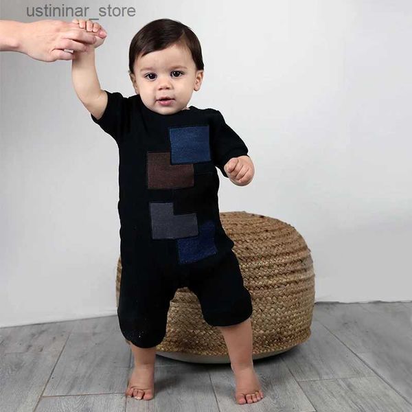 Rompers Baby Baber Denim Patch Kids Vêtements Côtes courtes Black Ribbed Babed Bassant Kids Boy Girls Vêtements Feet Summer L47