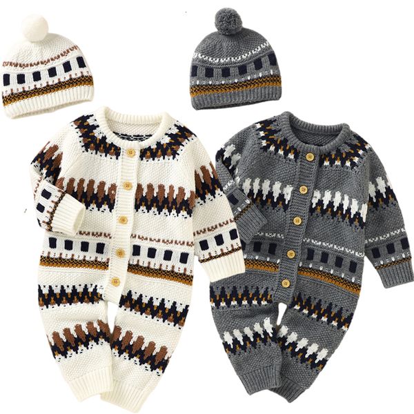 Barboteuses Bébé Barboteuses Tricoté Motif D'impression né Garçon Fille Combinaisons Cap Outfit Set Automne Hiver Toddler Infant Vêtements Ensemble 230408