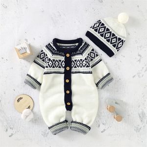 Rompers Baby Rompers lange mouw babyjongens meisjes jumpsuits caps outfits kleding herfst winter gebreid geboren peuter truien kostuum 221007