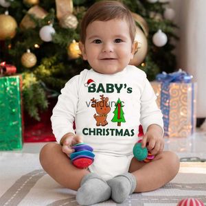 Rompertjes Baby 1e Kerst Baby bodysuit Hert Kerstman Print Pasgeboren kleding Baby Jumpsuit met lange mouwen Peuter Kid Kerstfeestoutfits H240508