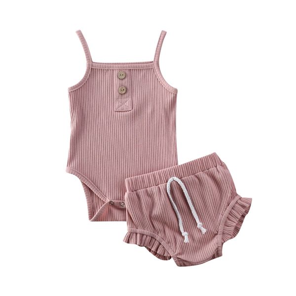 Barboteuses bébé vêtements d'été pour filles nées solides bretelles tricotées body TopDrawstring Shorts coton tenues ensembles 230427