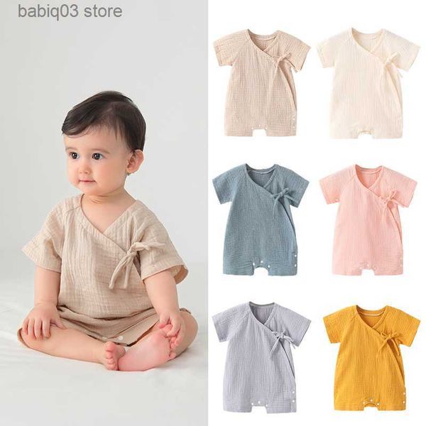 Barboteuses Bébé Vêtements D'été Filles Barboteuse Bodys pour Enfants Nouveau-nés Vêtements De Nuit Crinkle Gaze Coton Monk Pyjama Solide Mousseline One-pieces T230529