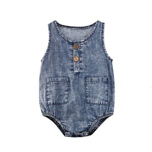 Rompers Baby Summer Denim Toddler Born Boys Girls Mouwloze Button Pocket Jumpsuits Casual Deskleding Outfits 230525