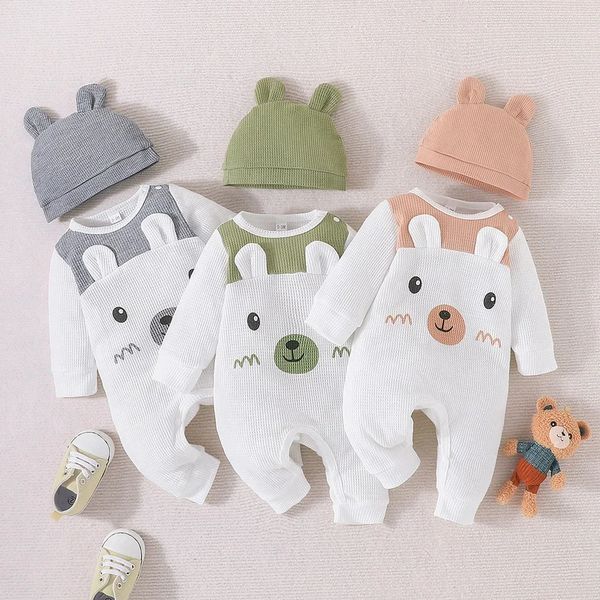 Barboteuses Bébé unisexe garçon fille né Onesies barboteuse 0 18 mois enfant en bas âge vêtements infantile à manches longues dessin animé mignon ours oreilles chapeau combinaison 231124