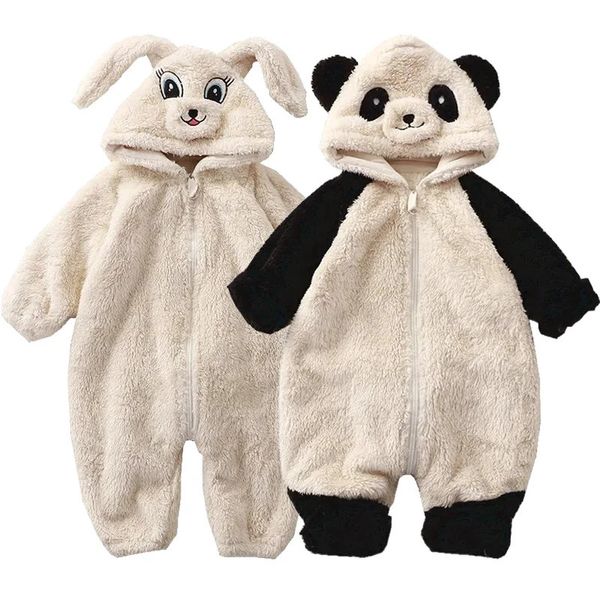 Barboteuses Bébé hiver barboteuse polaire dessin animé Panda lapin combinaison à capuche pour garçon fille vêtements doux vêtements de détente épaissir enfant en bas âge infantile Onesie 231207