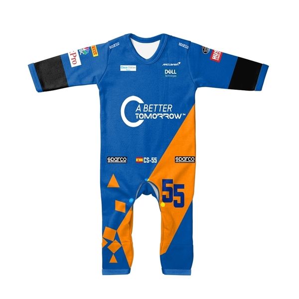 Barboteuses bleu bébé combinaison Sports extrêmes série formule un garçon fille ramper costume 2023 vente course McLaren équipe 230915