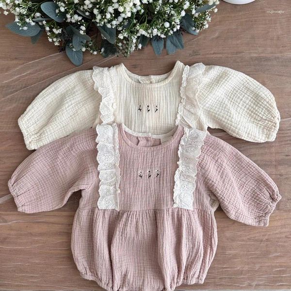 Monos monos coreanos de otoño para niña, ropa con bordado de flores, estilo versátil a rayas plisadas