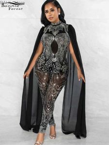 Rompers Bonnie Forest Sparkle Black Rhinestones Mesh Shift Long Sleeve Jumpsuits Women Rompers Glitter Skinny Crystal Jumpsuits ClubwearL231212