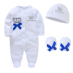 Rompers geboren babyjongens romper Royal Crown Prince 100 katoenen kleding set met cap handschoenen baby's footies slaapsuits 230823