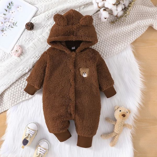 Mamelucos nacidos ropa de bebé de 1 a 18 meses de dibujos animados lindo oso onesies para niña niño manga larga con capucha cálido invierno mameluco infantil 231215