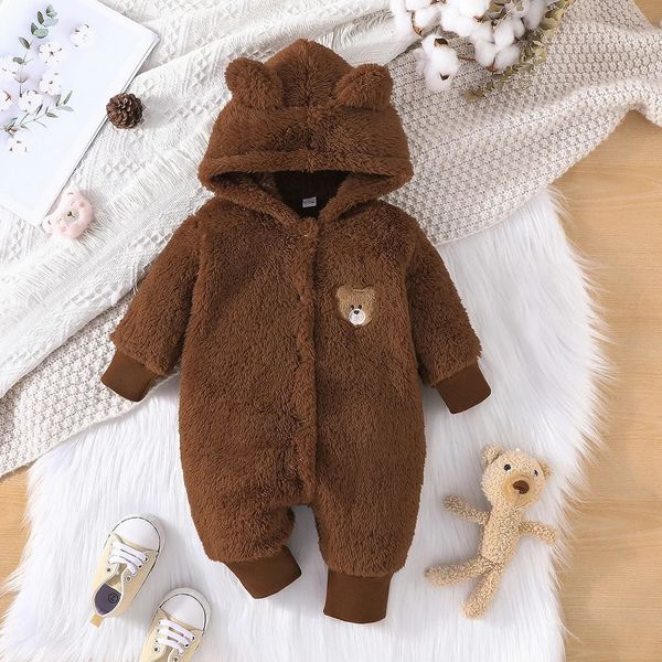 Barboteuses né bébé vêtements 1 à 18 mois dessin animé mignon ours Onesies pour fille garçon à manches longues à capuche chaud hiver infantile barboteuse 231215