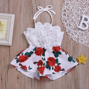 Rompers geboren babymeisjes kleren mouwloze kanten bloem print riem romper jumpsuit onepiece outfit zomer 230525