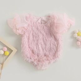 Rompertjes Geboren Baby Meisjes Veer Kwastje Romper Mooie Roze Mesh Korte Bladerdeeg Mouw Jumpsuits Peuter Zoete Zomer Body Kleding