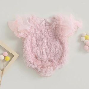 Rompertjes Geboren Baby Meisjes Veer Kwastje Romper Mooie Roze Mesh Korte Bladerdeeg Mouw Jumpsuits Peuter Zoete Zomer Body Kleding