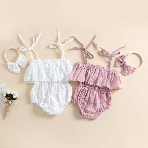 Mamelucos Born Baby Girls Outfit Set Tie-up Spaghetti Straps Ruffle Layered Cintura elástica Encaje Flor Romper con diadema