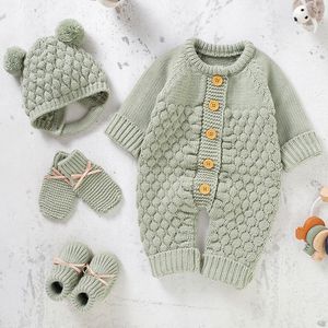 Rompertjes Born Baby Romper Schoenen Handschoenen Set Gebreid Meisje Jongen Jumpsuit Laars Want Effen Peuter Baby Lange Mouw Kleding 4PC Herfst 0-18M 230606