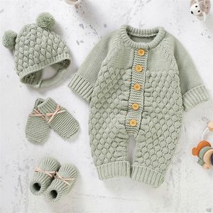 Rompers geboren baby romper schoenen handschoenen set gebreide meid jumpsuit laars mitten solide peuter baby lange mouw kleding 4 st herfst 0-18m 220919