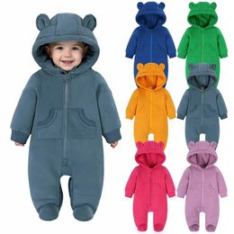 Barboteuses né bébé hiver chaud barboteuse solide poche à capuche ours épais vêtements 024M infantile coréen garçon fille tenues body 231211