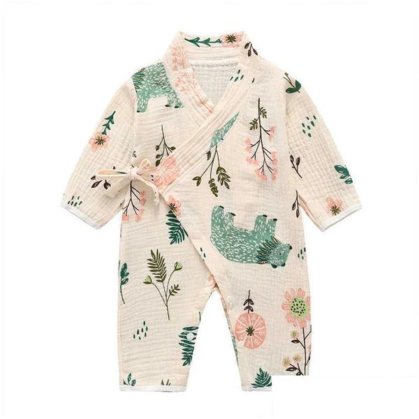 Rompers Born Kimono Combinaison à manches longues bébé mignon dessin animé gaze coton biologique vêtements doux mode 20 210816 Drop Delivery Kids Mat Dhdoa