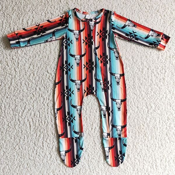 Mamelucos nacidos Western Cow Romper Body Baby Boy Zipper Bull Skull Mono a rayas Niño Niño Otoño Trim Footie Onesie 231025