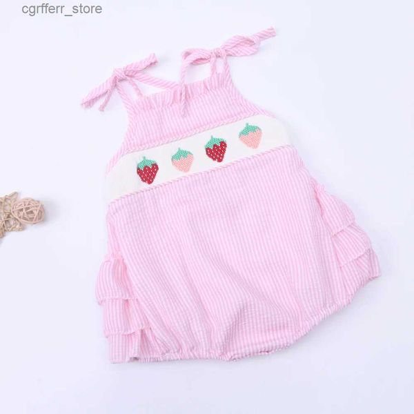 Rompers boutique baby girl ropa smock recién nacido rosa rosa a mano hecha bordado de fresa bordado hermoso mono de niño pequeño 0-2t l410