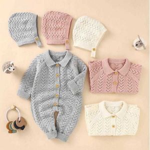 Rompers Boy Spring Herfst Fashion Turndown Collar Solid Romper Baby Girl Comfortabele breimsuit met Hollow Out Hat J220922