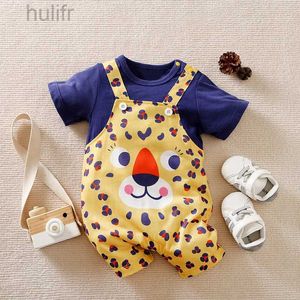 Rompers cartoon luipaard print jumpsuit voor peuter outfits 0-18 m pasgeboren babyjongen romper zomer zomerse mouw meisje baby katoenen kleding d240425