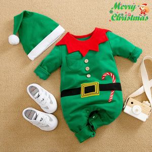 Barboteuses de noël pour bébé, vêtements de Style elfe vert, combinaison à manches longues, en coton, ensemble de chapeaux pour garçons et filles, 231120