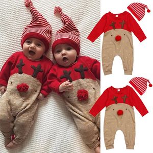 Rompertjes Kerst Schattige Baby Kids Baby Meisjes Jongens Romper Hoeden 2 STKS Herten Print Patchwork Rode Jumpsuits Romper 231120