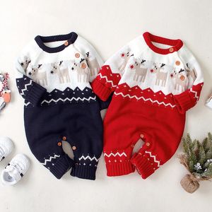 Rompertjes Kerst Herten Gebreide Jumpsuit Kinderen Herfst Winter Baby Romper Rode Kerst Kleding geboren Onesie Peuter Meisjes Outfit 231115