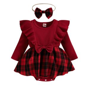 Rompers kerstmis baby babymeisjes romper jurk plaid ronde nek ruches lange mouw bowknot rok zoom jumpsuits met hoofdband 221122