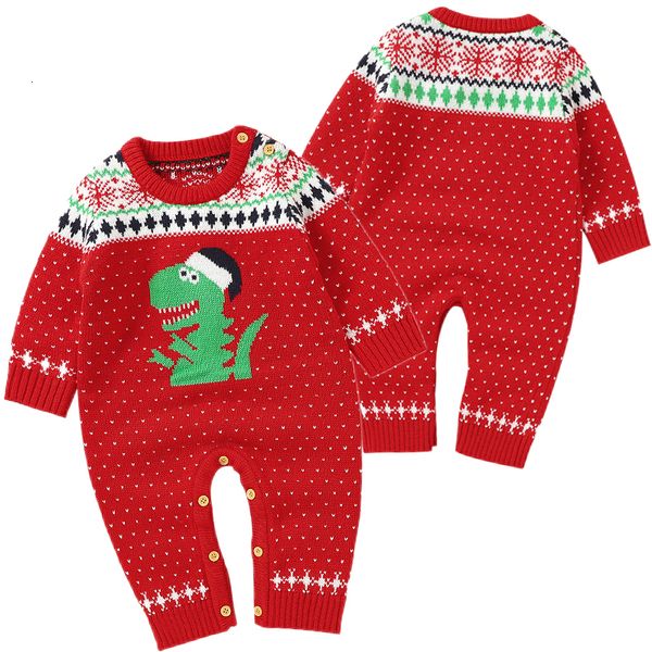 Barboteuses Combinaisons de Noël Tenues Dinosaure rouge Vêtements d'hiver pour bébé Tricot né Garçons Filles Enfants Porter Combinaison 230919